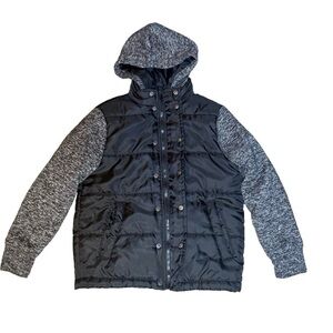 ROK Boy’s Puffer Winter Coat Knit Sleeves Black & Gray, Hood, Pockets, Size 8